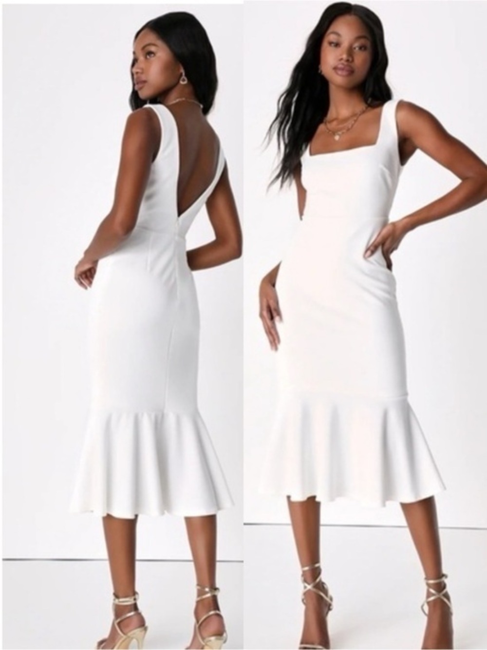 NWOT Lulu’s Moment Maker White Square Neck Trumpet Midi Dress Medium 2018896